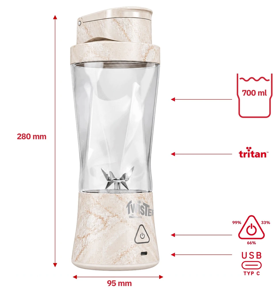Plakiklis Maišytuvas kielichowy Webber Personalus belaidis nešiojamas Twister 370W 700ML USB-C (05PB500BE)