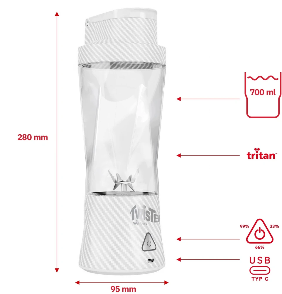 Plakiklis Webber Stiklinis asmeninis belaidis nešiojamas blenderis Twister 370 W 700 ml USB-C (05PB500BI)