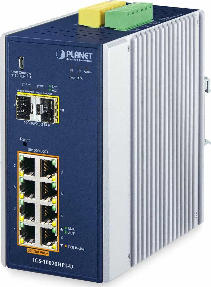 Šakotuvas PLANET DIN-Rail L2+/L3 valdomas valdomas L2+ gigabito Ethernet (10/100/1000) Maitinimas per Ethernet (PoE) Aliuminio, Mėlyna