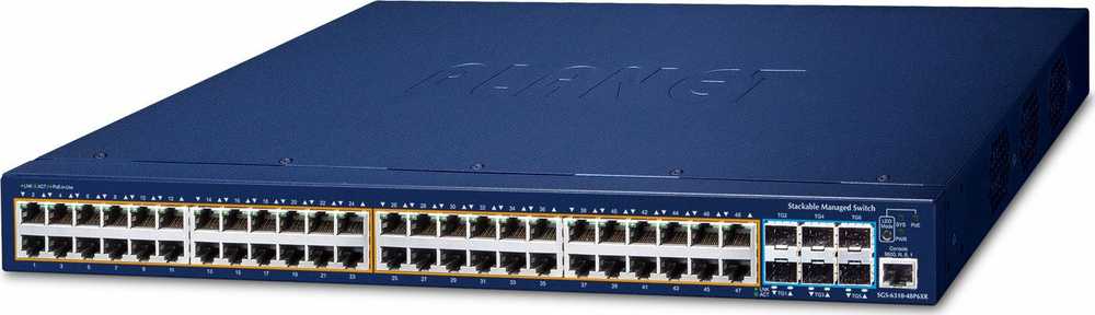 Šakotuvas Planet PLANET SGS-6310-48P6XR tinklo jungtys Valdomas L3 Gigabit Ethernet (10/100/1000) PoE palaikymas 1U Mėlyna
