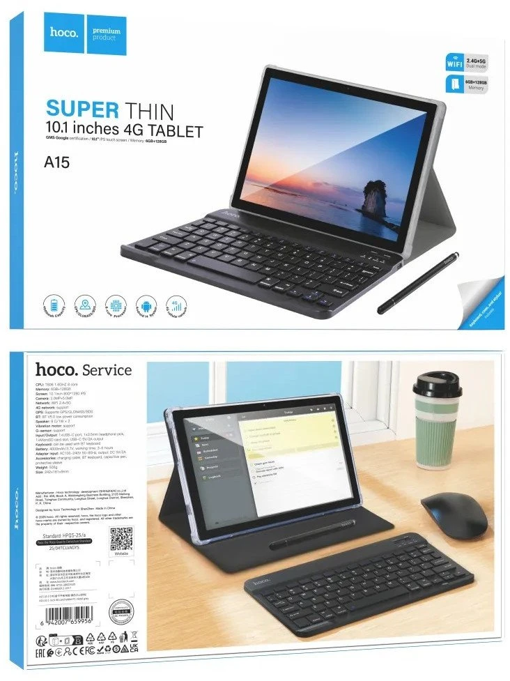 Planšetė 10.1" 6GB/128GB Hoco HD Wi-Fi/4G/BT 5.0 Android 14 A15 metal pilka