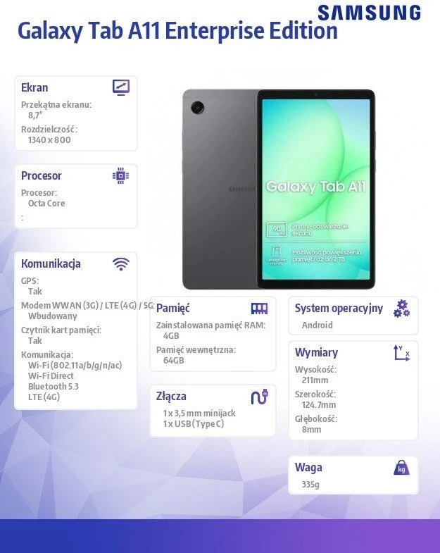 Planšetė Samsung | Galaxy | Tab A11 (X135) | 8.7 " | Pilkas | TFT | 800 x 1340 pikselių | Mediatek | Helio G99 | 4 GB | 64 GB | 3G | 4G | Wi-Fi | Front camera | 5 MP | Rear camera | 8 MP | Bluetooth | 5.3 | Android