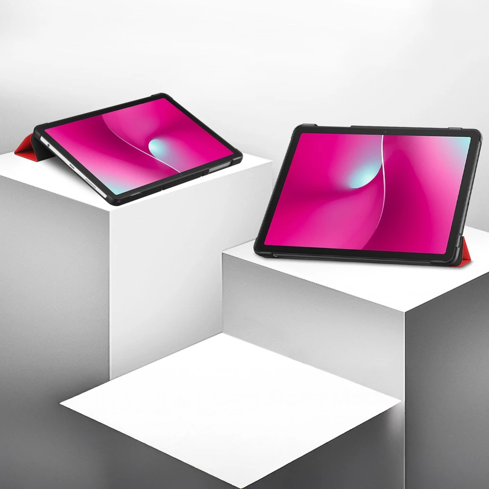 Planšetinio kompiuterio dėklas Strado-Tech Smart skirtas T-Mobile T Planšetė 2 10.1 5G 2025 su dangteliu, raudonas – apsauginis su stovu
