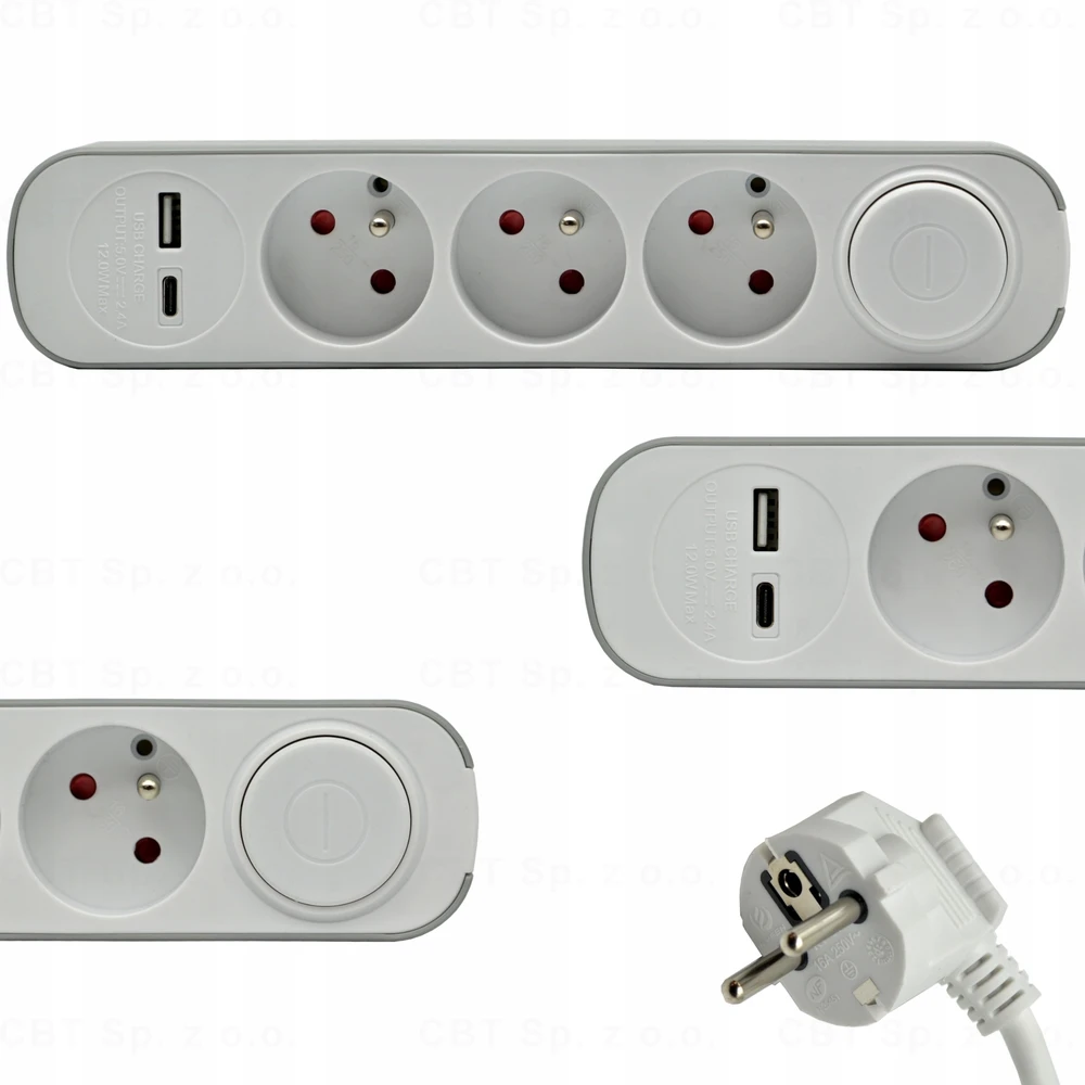 Plastrol Przedłużacz 3-gniazdowy schuko su włącznikiem i gniazdami usb-a i usb-c
