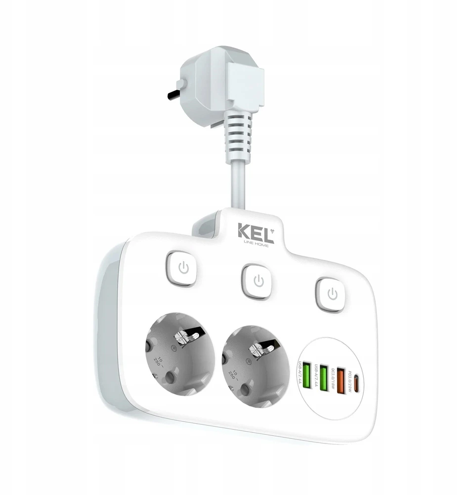 KEL Rozgałęźnik podwójny su indywidualnym włącznikiem do każdego gniazda; 2x gniazda wtyczkowe su uziemieniem schuko, 3xgniazdo usb a, 1xgniazdo usb c