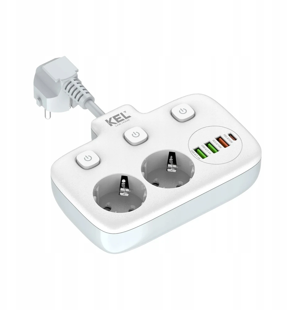 KEL Rozgałęźnik podwójny su indywidualnym włącznikiem do każdego gniazda; 2x gniazda wtyczkowe su uziemieniem schuko, 3xgniazdo usb a, 1xgniazdo usb c