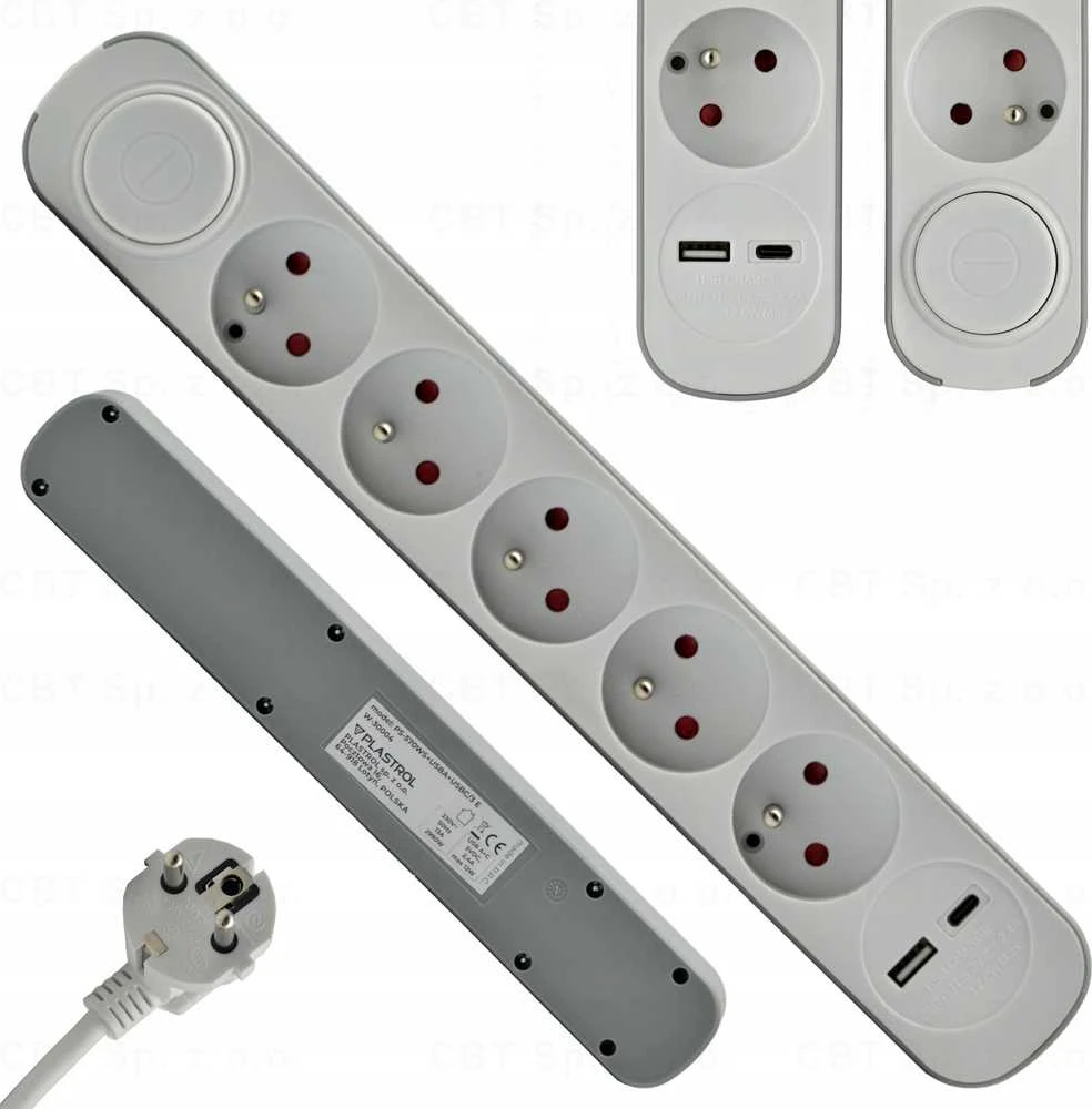 Plastrol Przedłużacz 5-gniazdowy schuko su włącznikiem i gniazdami usb-a i usb-c