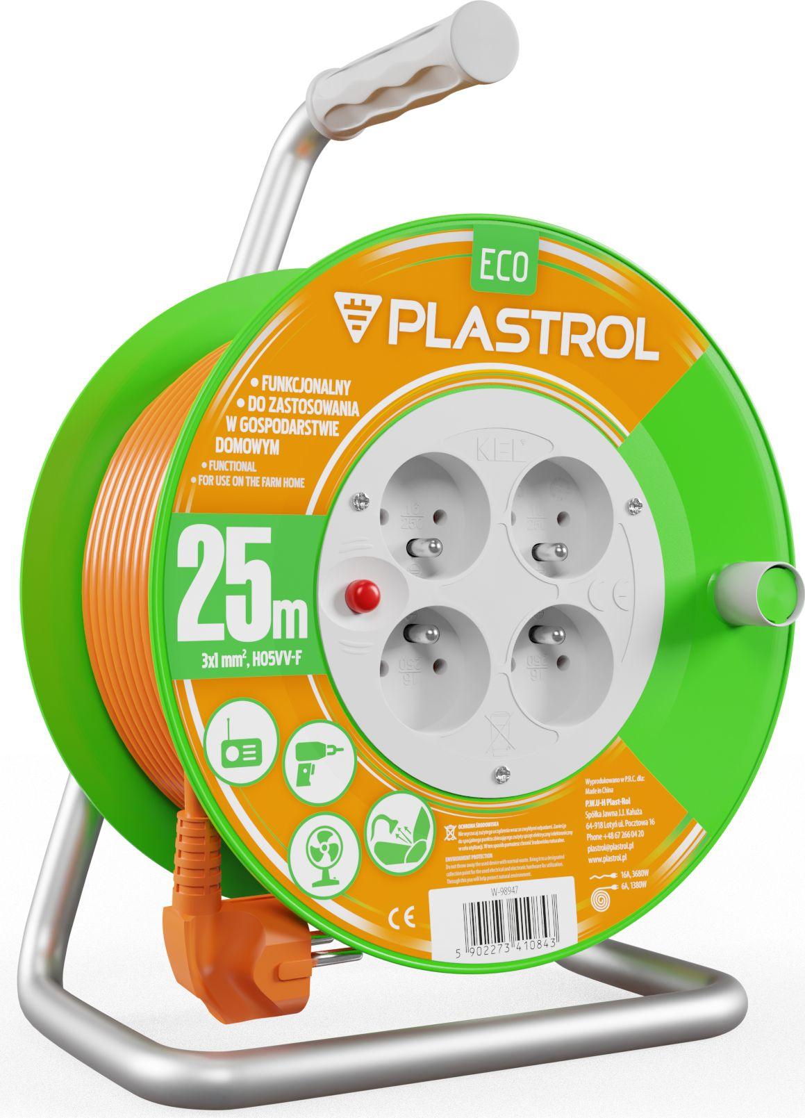 Plastrol Standartinis linijos būgno prailginimo laidas 25m H05V-F 3x1 4xGS 10A oranžinis (W-98947)
