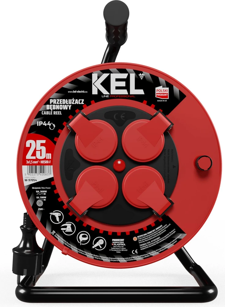 Kel Plastrol Būgninis ilgintuvas PROFESSIONAL LINE, 4x2p+Z, IP44, 16A, H05RR-F, 3x1,5, 25m, juoda (W-97054)