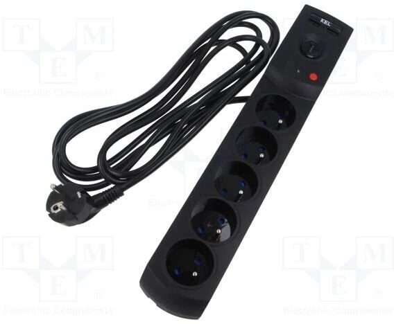 KEL Plastrol Przedłużacz surge protector professional 5 gniazd 2xUSB 3m 10A 230V 2300W juoda W-100044