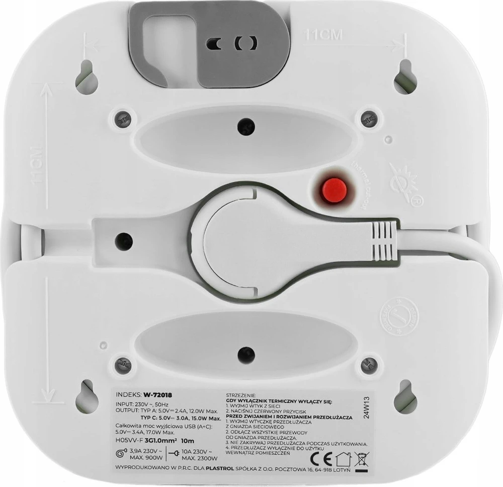 Plastrol Ištraukiamas prailginimo laidas 10m 3x1mm2 10A su terminiu saugikliu + USB-A + USB-C