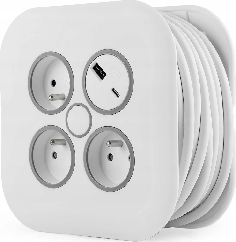 Plastrol Ištraukiamas prailginimo laidas 10m 3x1mm2 10A su terminiu saugikliu + USB-A + USB-C