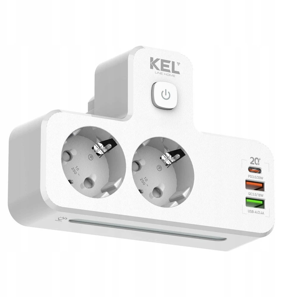 Plastrol Dvigubas skirstytuvas su jungikliu ir lempute; 2x kištukiniai lizdai su Schuko įžeminimu, 2x USB-A lizdas, 1x USB-C lizdas