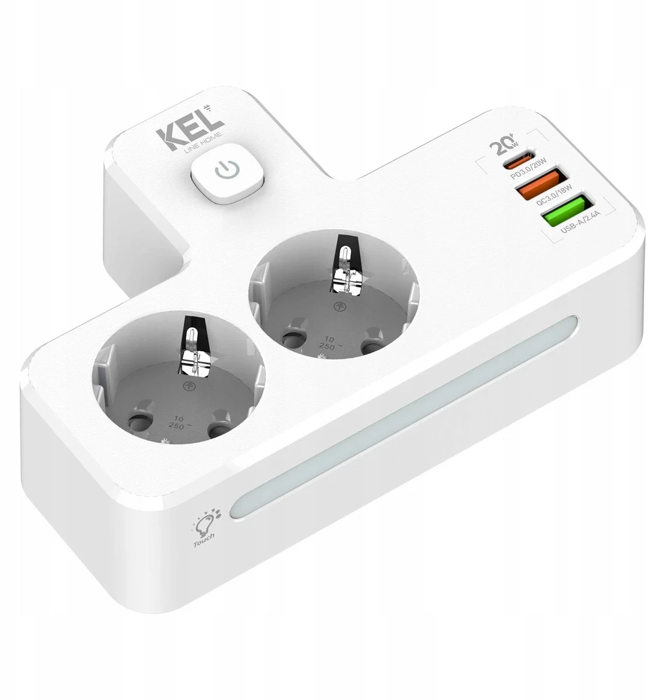 Plastrol Dvigubas skirstytuvas su jungikliu ir lempute; 2x kištukiniai lizdai su Schuko įžeminimu, 2x USB-A lizdas, 1x USB-C lizdas
