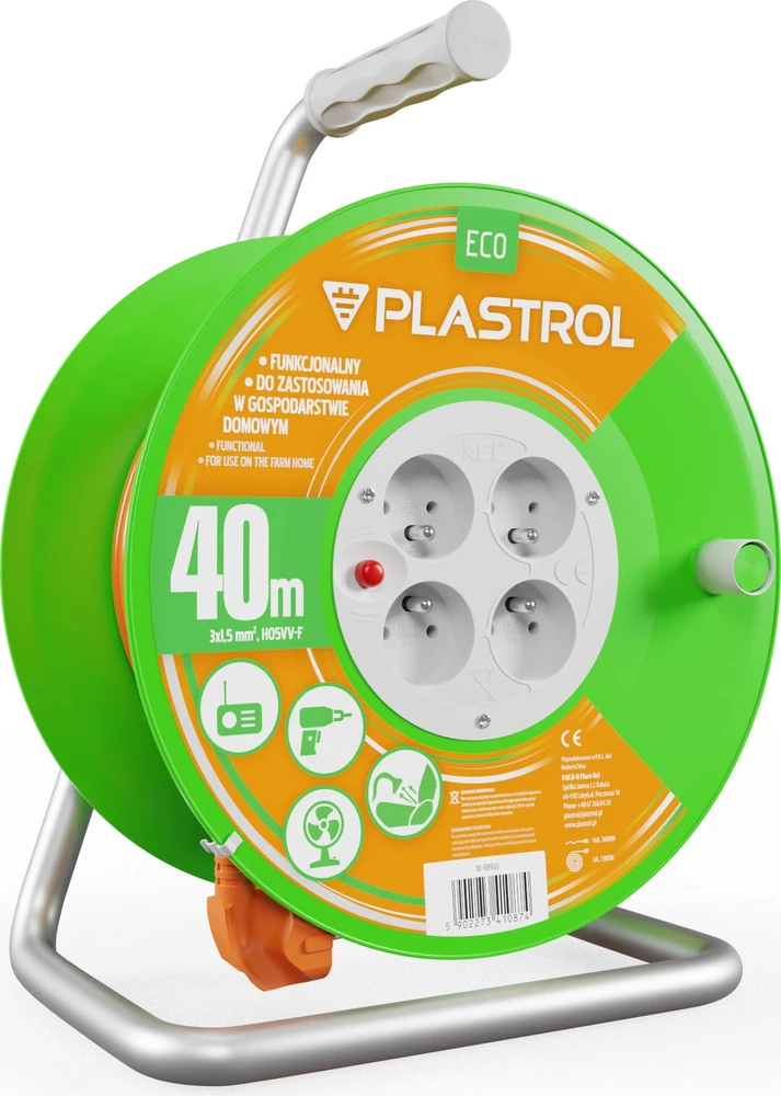 Plastrol Standartinis linijos būgno prailginimo laidas 40m H05V-F 3x1.5 4xGS 16A oranžinė (W-98950)