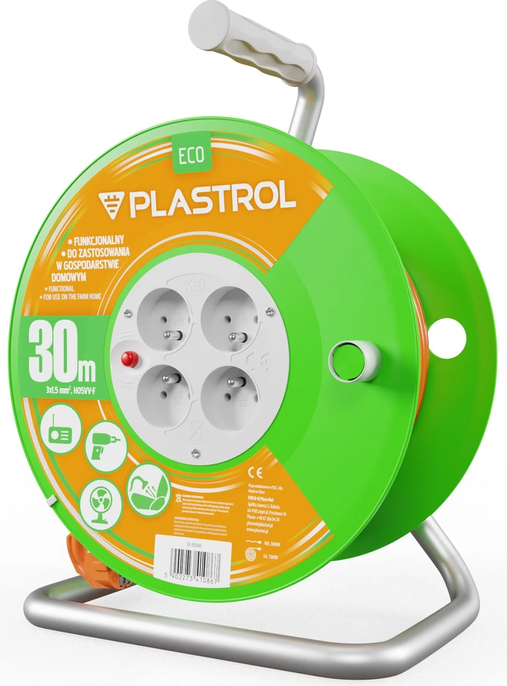 Plastrol Standartinis linijos būgno prailginimo laidas 30m H05V-F 3x1.5 4xGS 16A oranžinė (W-98949)