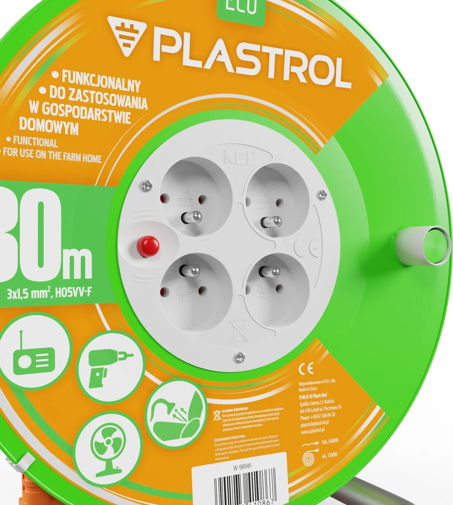 Plastrol Standartinis linijos būgno prailginimo laidas 30m H05V-F 3x1.5 4xGS 16A oranžinė (W-98949)