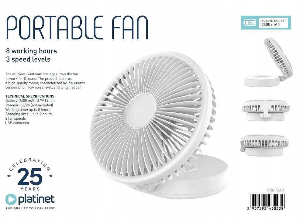 Platinet įkraunamas ventiliatorius PRDF0396 2400mAh (46053)