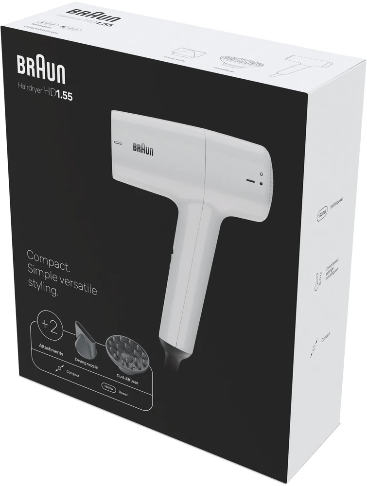 Braun Haircare Sveikata ir asmeninė priežiūra - Braun Plaukų džiovintuvas HD1 55 1800W, 2 Šilumos Nustatymai, Šalto Oro Funkcija, Balta