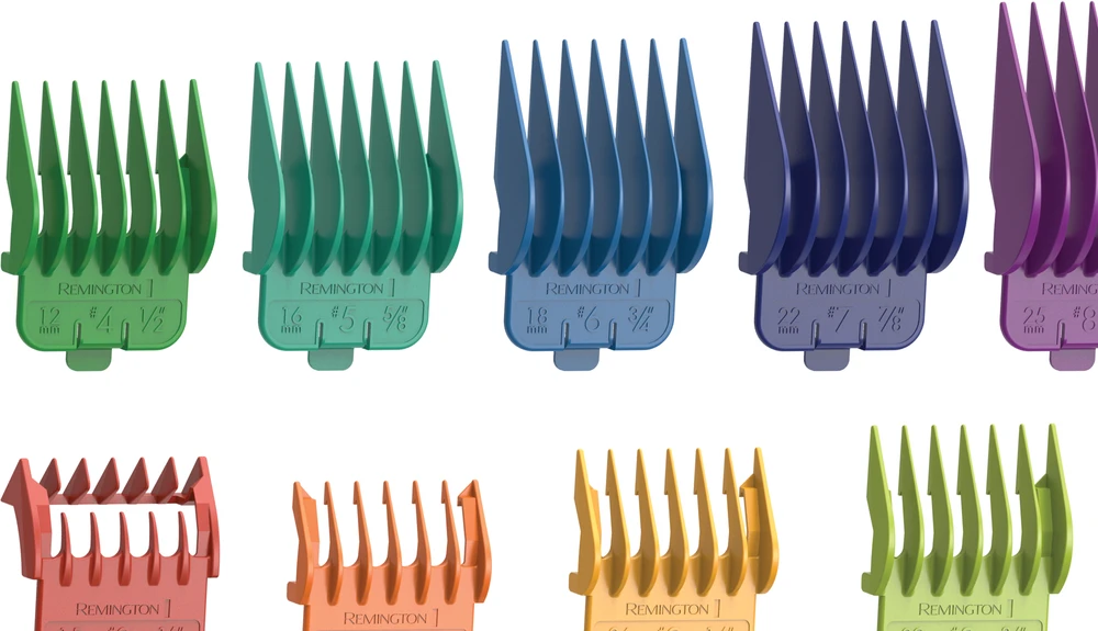 Remington Colourcut plaukų kirpimo mašinėlė HC5035 laidinė, įkraunama, Šiame 16 dalių rinkinyje yra 8 spalvų kreipiančiosios šukos, Baltas