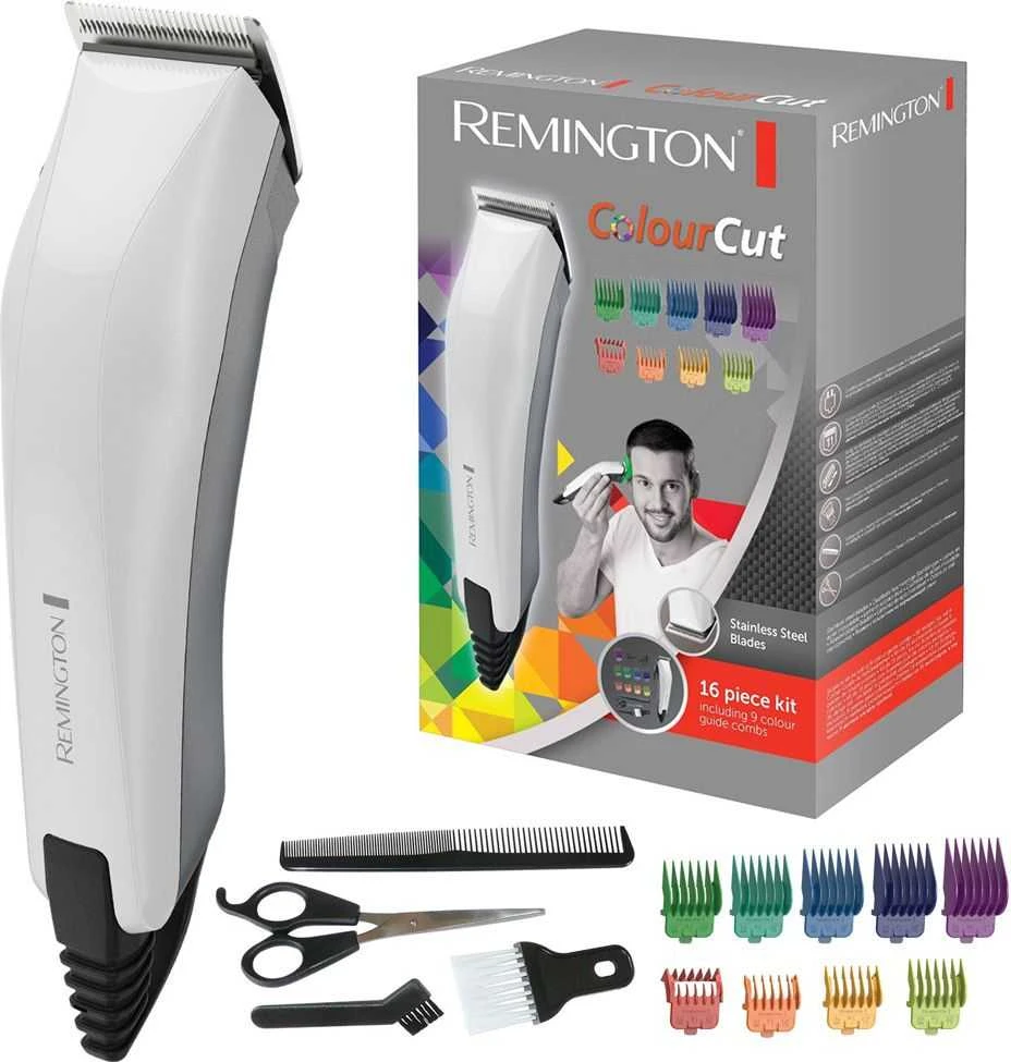 Remington Colourcut plaukų kirpimo mašinėlė HC5035 laidinė, įkraunama, Šiame 16 dalių rinkinyje yra 8 spalvų kreipiančiosios šukos, Baltas