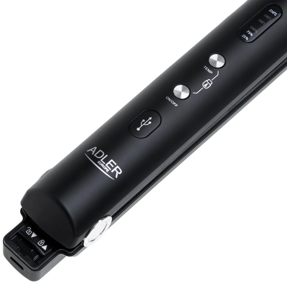 Adler Cordless Plaukų tiesintuvas | AD 2327 | Ceramic heating system | Ekranas LED | Temperature (min) 160 °C | Temperature (max) 220 °C | Juodas