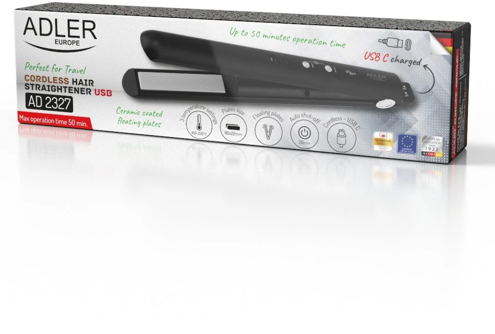 Adler Cordless Plaukų tiesintuvas | AD 2327 | Ceramic heating system | Ekranas LED | Temperature (min) 160 °C | Temperature (max) 220 °C | Juodas