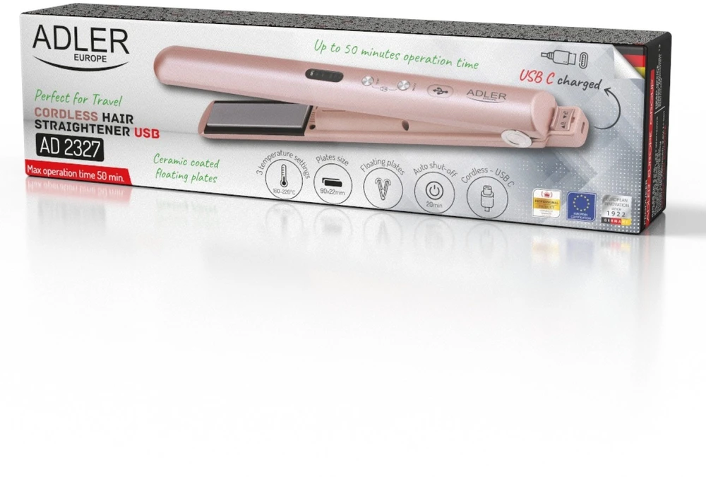 Adler Cordless Plaukų tiesintuvas | AD 2327 | Ceramic heating system | Ekranas LED | Temperature (min) 160 °C | Temperature (max) 220 °C | Rožinė