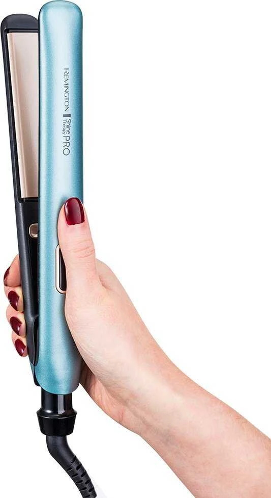 Remington | Plaukų tiesinimo žnyplės | S9300 Shine Therapy Pro | Garantija 24 mėn. | Keraminė šildymo sistema | Jonų funkcija | Skaitmeninis ekranas | Maksimali temperatūra 230 °C | Mėlyna