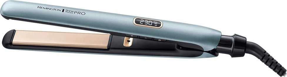 Remington | Plaukų tiesinimo žnyplės | S9300 Shine Therapy Pro | Garantija 24 mėn. | Keraminė šildymo sistema | Jonų funkcija | Skaitmeninis ekranas | Maksimali temperatūra 230 °C | Mėlyna
