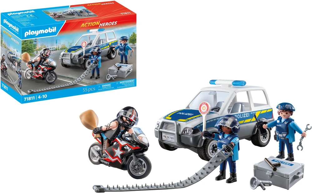 „Playmobil“ miesto herojų rinkinys su policijos pareigūnais, automobiliu, motociklu ir aksesuarais, 55 dalys