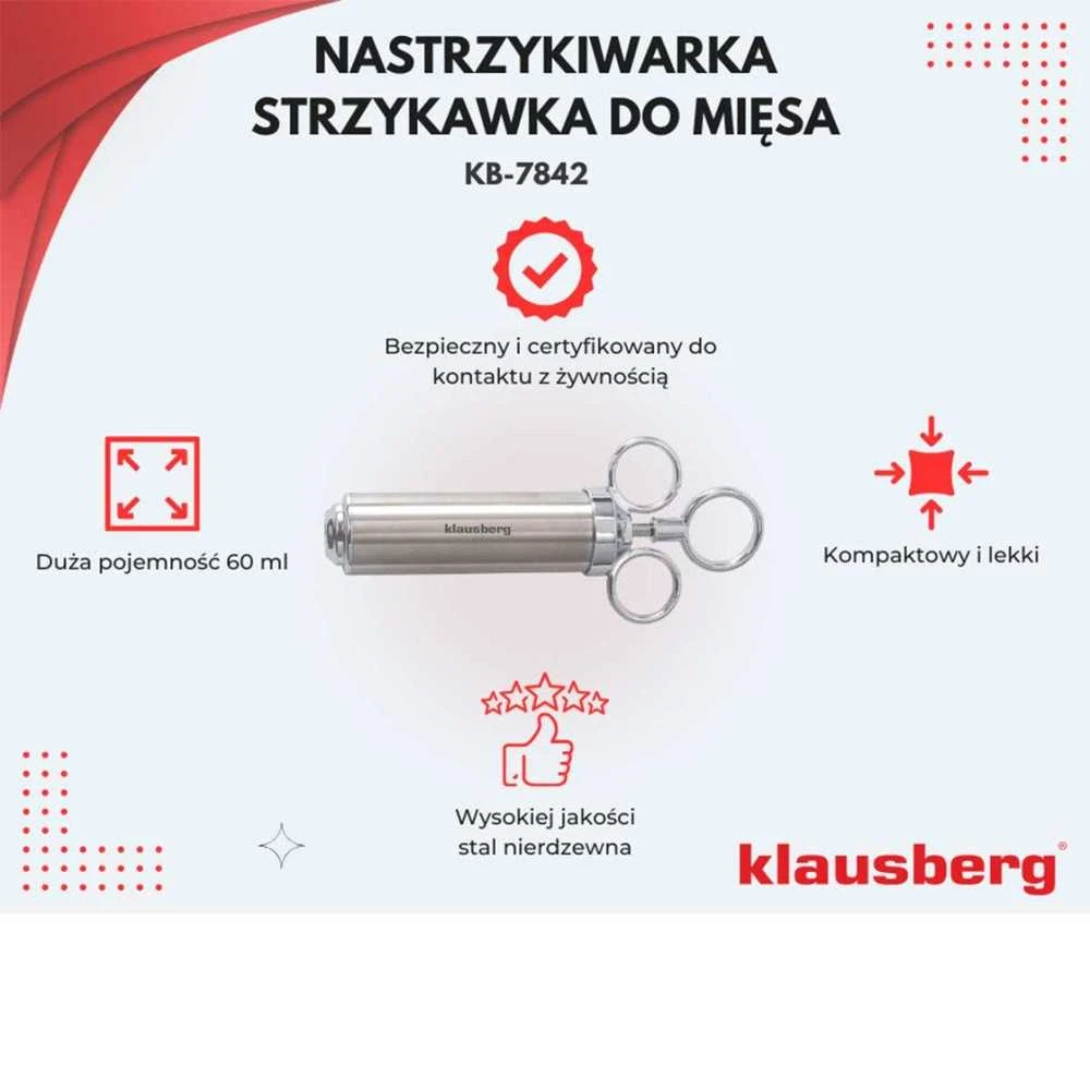 Kaitlentė Strzykawka- Mėsos marinavimo švirkštas, rinkinys su 3 adatomis ir priedais, nerūdijantis plienas, 60 ml, Klausberg, KB-7842