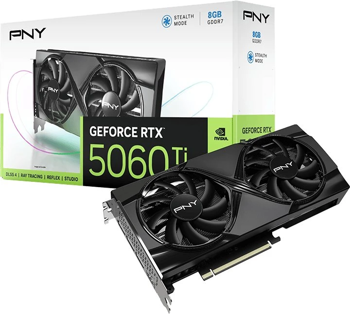 Vaizdo plokštė PNY GeForce RTX 5060 Ti su dviem ventiliatoriais, 8 GB, DLSS4