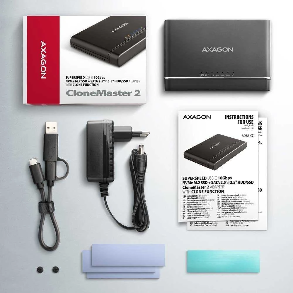 „Axagon USB 3.2 Gen 2“ adapteris, skirtas prijungti NVMe M.2 SSD diskus ir SATA 2.5''/3.5'' diskus su klonavimo funkcija.