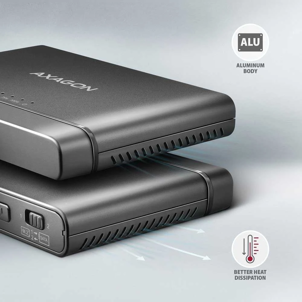 „Axagon USB 3.2 Gen 2“ adapteris, skirtas prijungti NVMe M.2 SSD diskus ir SATA 2.5''/3.5'' diskus su klonavimo funkcija.