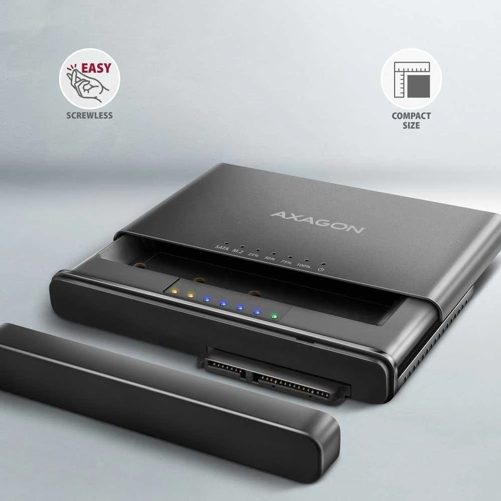 „Axagon USB 3.2 Gen 2“ adapteris, skirtas prijungti NVMe M.2 SSD diskus ir SATA 2.5''/3.5'' diskus su klonavimo funkcija.