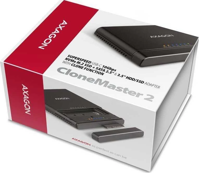 „Axagon USB 3.2 Gen 2“ adapteris, skirtas prijungti NVMe M.2 SSD diskus ir SATA 2.5''/3.5'' diskus su klonavimo funkcija.