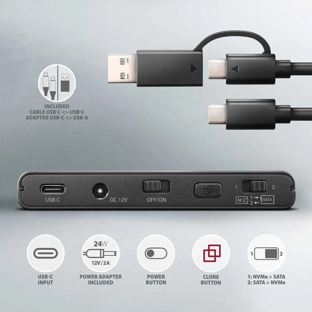 „Axagon USB 3.2 Gen 2“ adapteris, skirtas prijungti NVMe M.2 SSD diskus ir SATA 2.5''/3.5'' diskus su klonavimo funkcija.