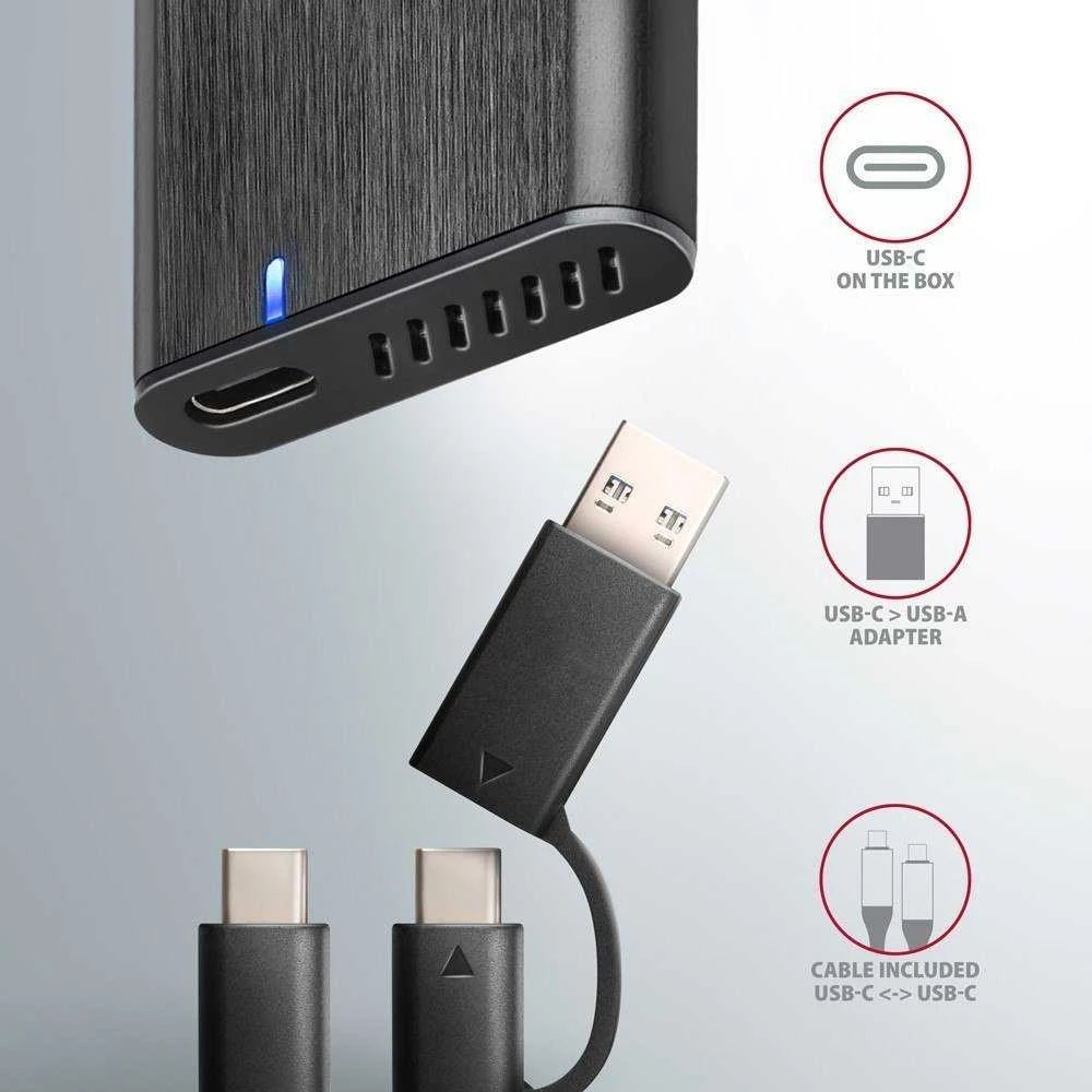 Axagon išorinė USB-C 3.2 Gen 2 metalinė dėžutė M.2 NVMe ir SATA SSD diskams. Be varžtų.