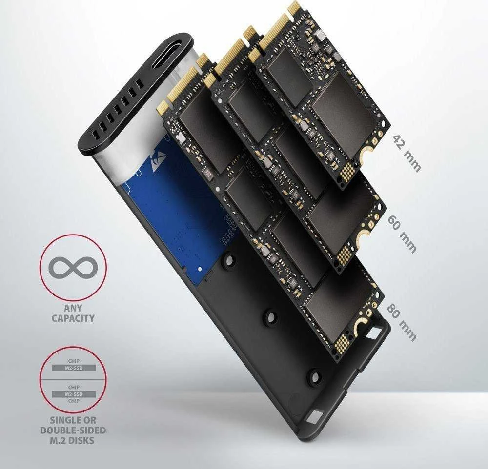 Axagon išorinė USB-C 3.2 Gen 2 metalinė dėžutė M.2 NVMe ir SATA SSD diskams. Be varžtų.