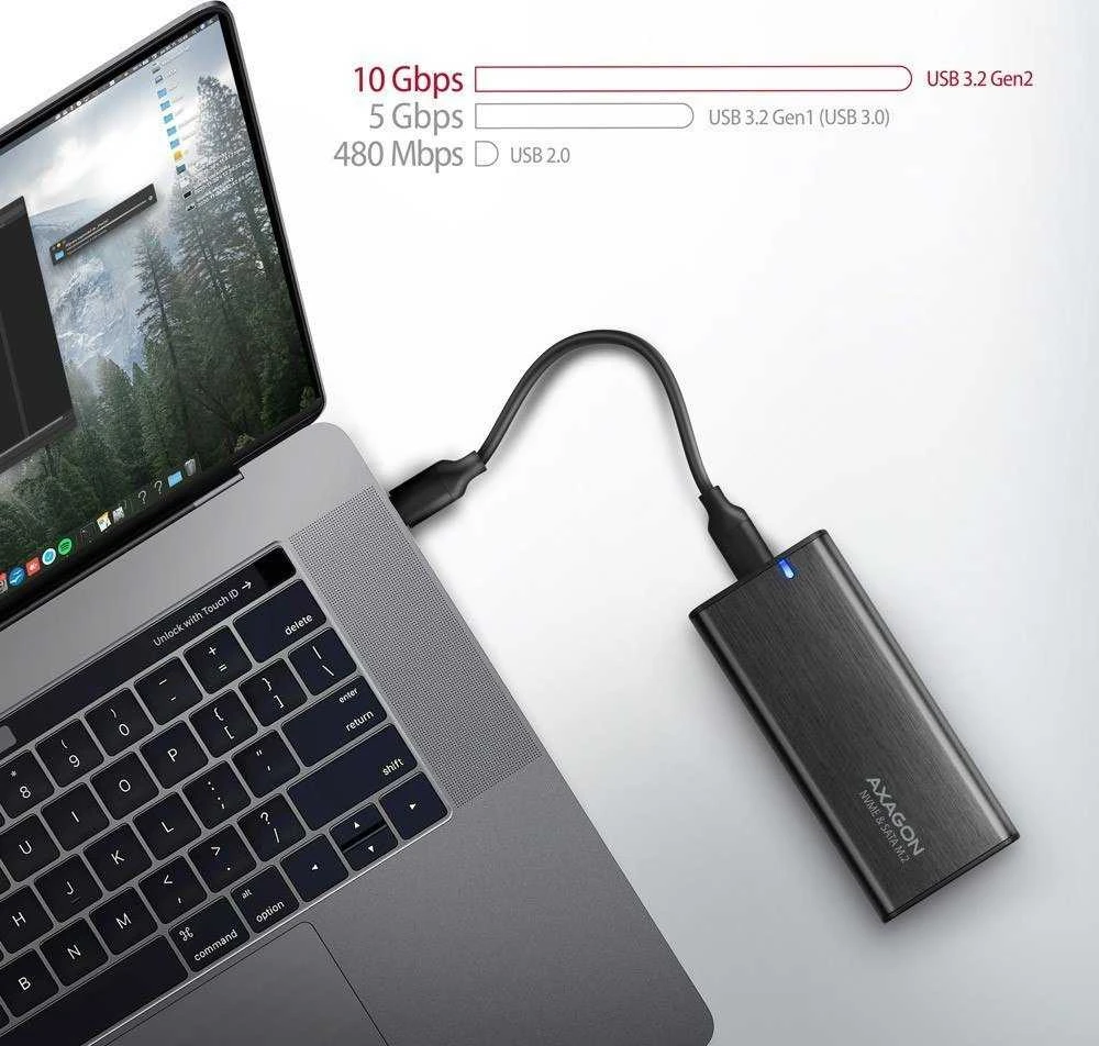 Axagon išorinė USB-C 3.2 Gen 2 metalinė dėžutė M.2 NVMe ir SATA SSD diskams. Be varžtų.