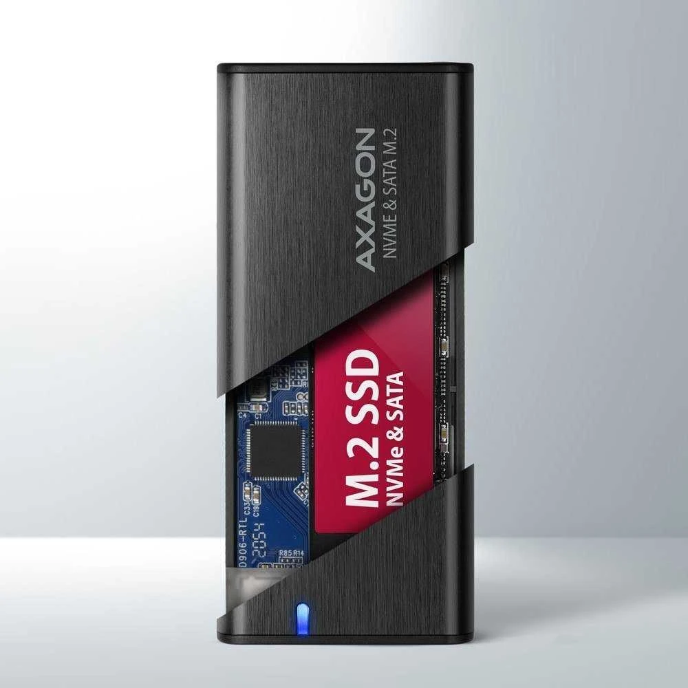 Axagon išorinė USB-C 3.2 Gen 2 metalinė dėžutė M.2 NVMe ir SATA SSD diskams. Be varžtų.