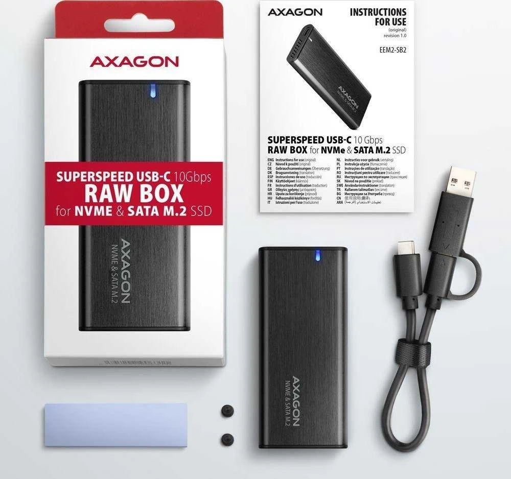Axagon išorinė USB-C 3.2 Gen 2 metalinė dėžutė M.2 NVMe ir SATA SSD diskams. Be varžtų.