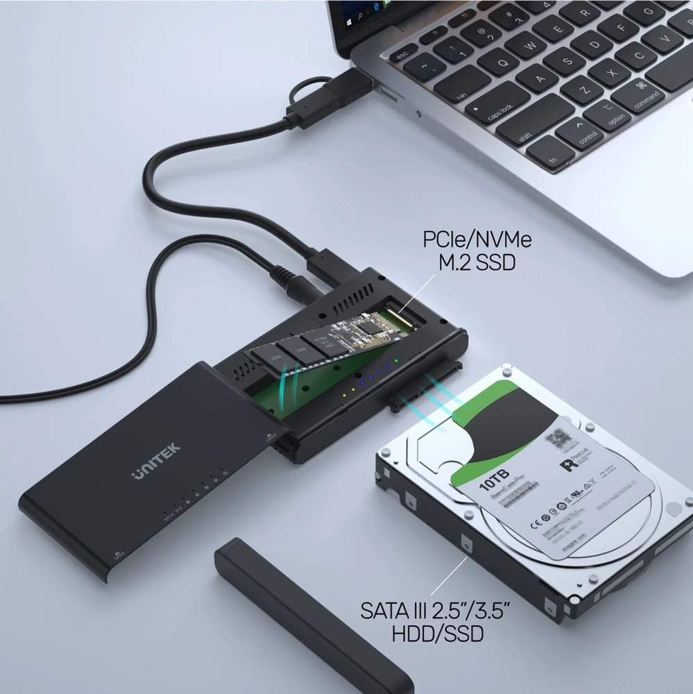 UNITEK ENCLOSURE USB-C į PCIe/NVMe M.2 SSD + SATA III adapteris su neprisijungus klonu