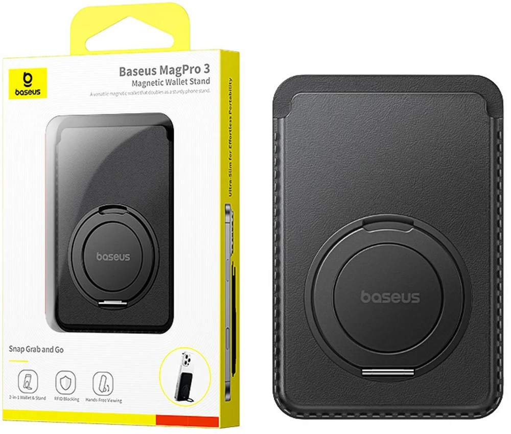 Baseus MagPro 3 magnetinė piniginė su stovu, suderinama su MagSafe - Juoda