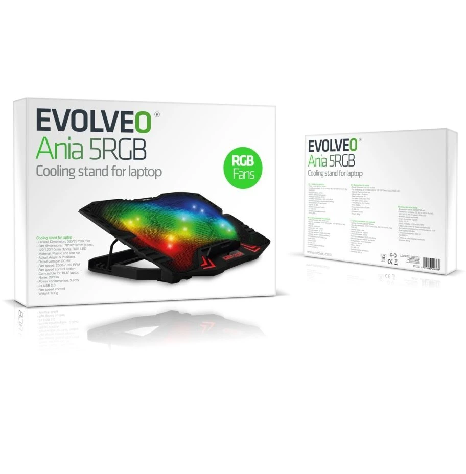 „Evolveo Ania 5RGB“ aušinimo kilimėlis nešiojamam kompiuteriui, 5 vnt. ventiliatorių, pašvietimas RGB