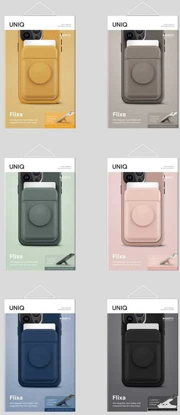 Dėklas UNIQ Flixa magnetinė kortelių piniginė su stovu, pilka/titnago pilkumo, „MagSafe“