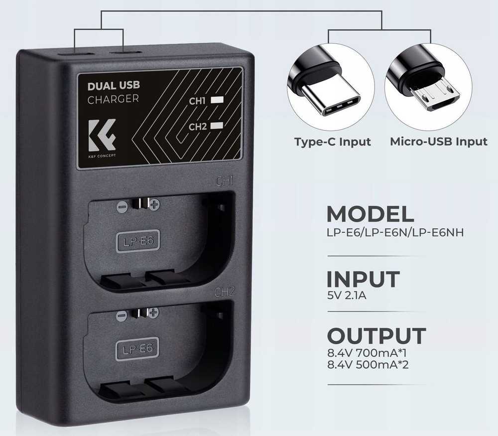 Dvigubas USB įkroviklis, skirtas „Canon Eos R5“, „R6 R 5d 90d 6d 7d 80d K&F“ / Kf28.0007