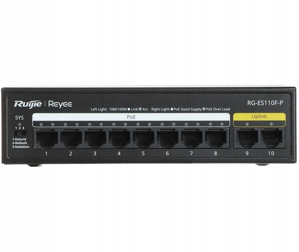 Šakotuvas Ruijie RG-ES110D-P 8-port 10/100Mbps 6kV 5.6Gbps 8 PoE+ Slēdzis Melns