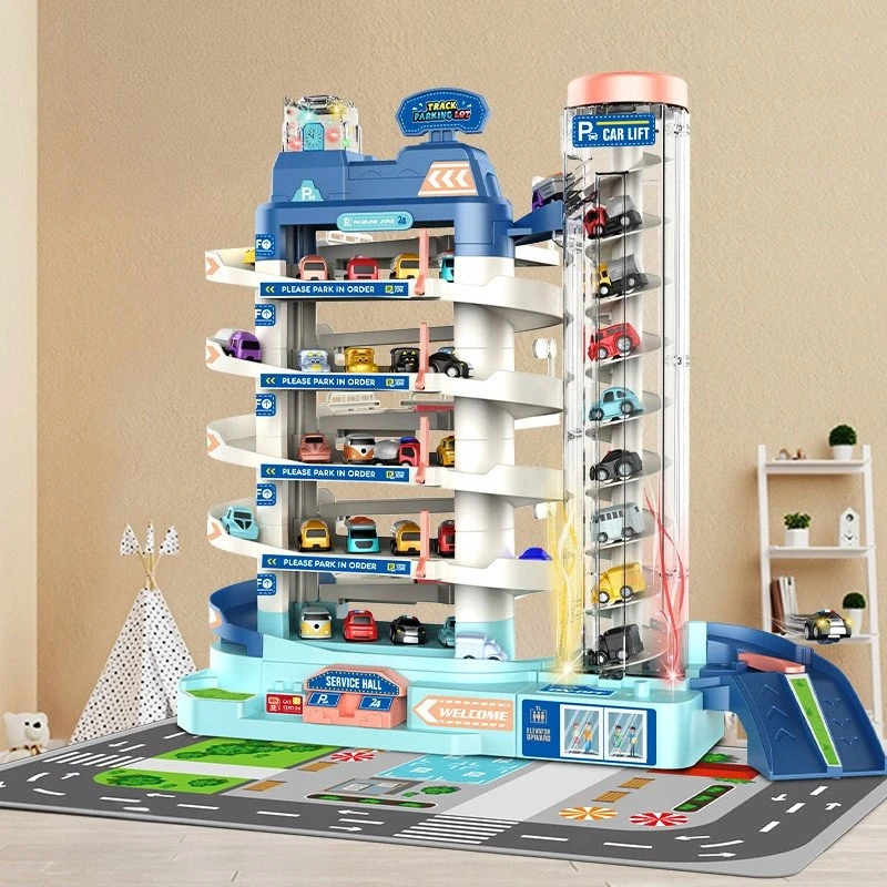 Polesie 5 aukštų žaislinių automobilių garažo rinkinys su liftu ir lenktynių trasa